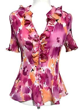 Allison Taylor Blouse Floral Print Ruffle Womens Size XL Pink Orange Polyester B